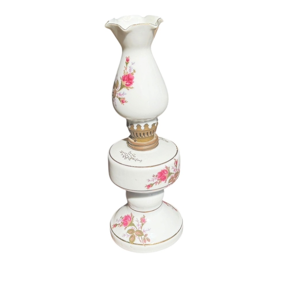 Vintage Japan Porcelain Floral Oil Lamp Pink Roses Gold Trim Hurricane Style 10" - Picture 6 of 15
